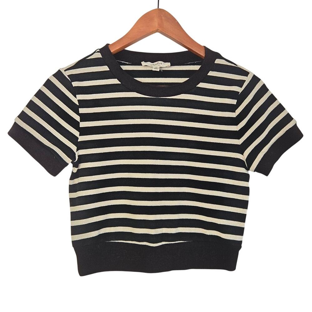 Parisian Modern Minimalist Chic Soft Cropped Nautical Short Sleeve Sweater M